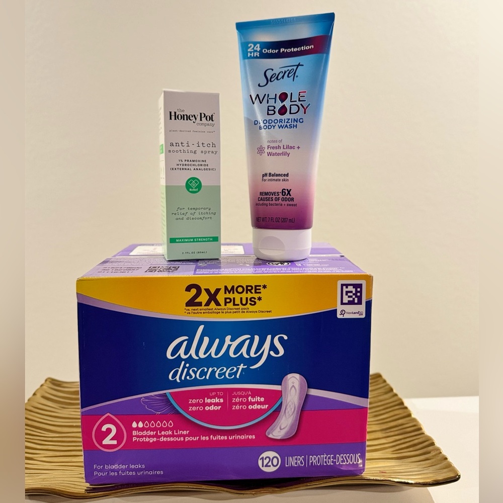 FEMENINE CARE BUNDLE Always Liners, The Honey Pot Anti-Itch , Secret Whole Body.